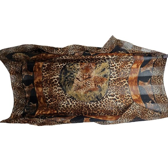 Vintage 90s Into Africa Handmade Leopard Print Sheer Lion & Tiger Square Scarf - Picture 3 of 4